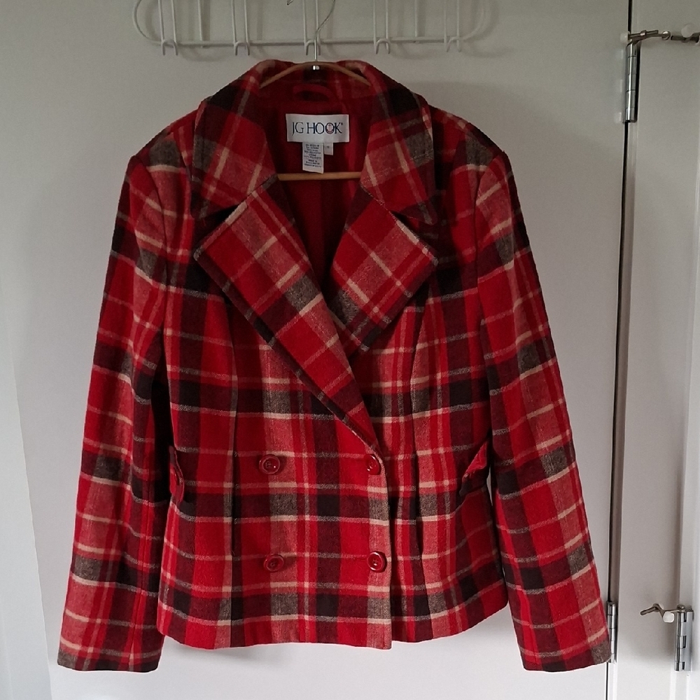 JG Hook Vintage Women's Wool Red Plaid Double-breasted Peacoat (Size 12)